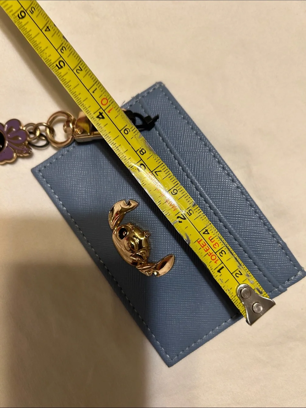 Disney Blue Card Holder Keychain with Gold Crab Charm and Purple Flower Tag